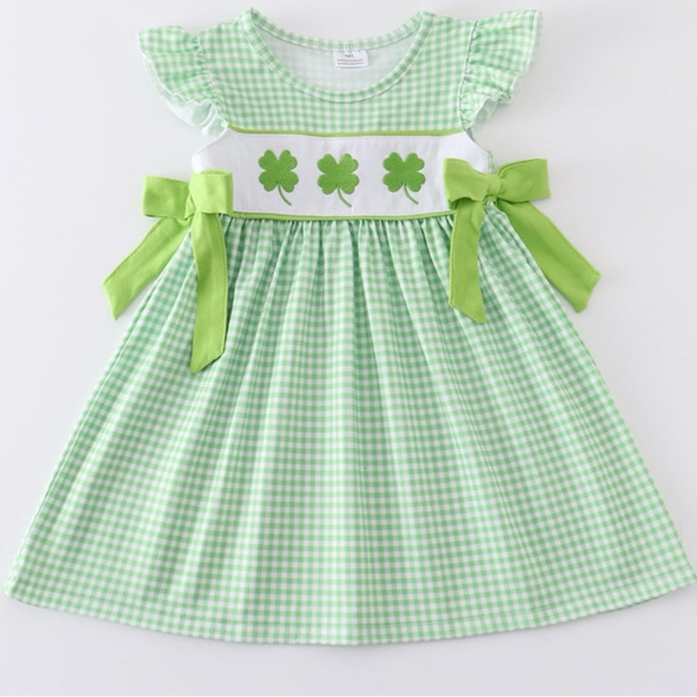 New Boutique Girl Clover green Embroidery Check Dress